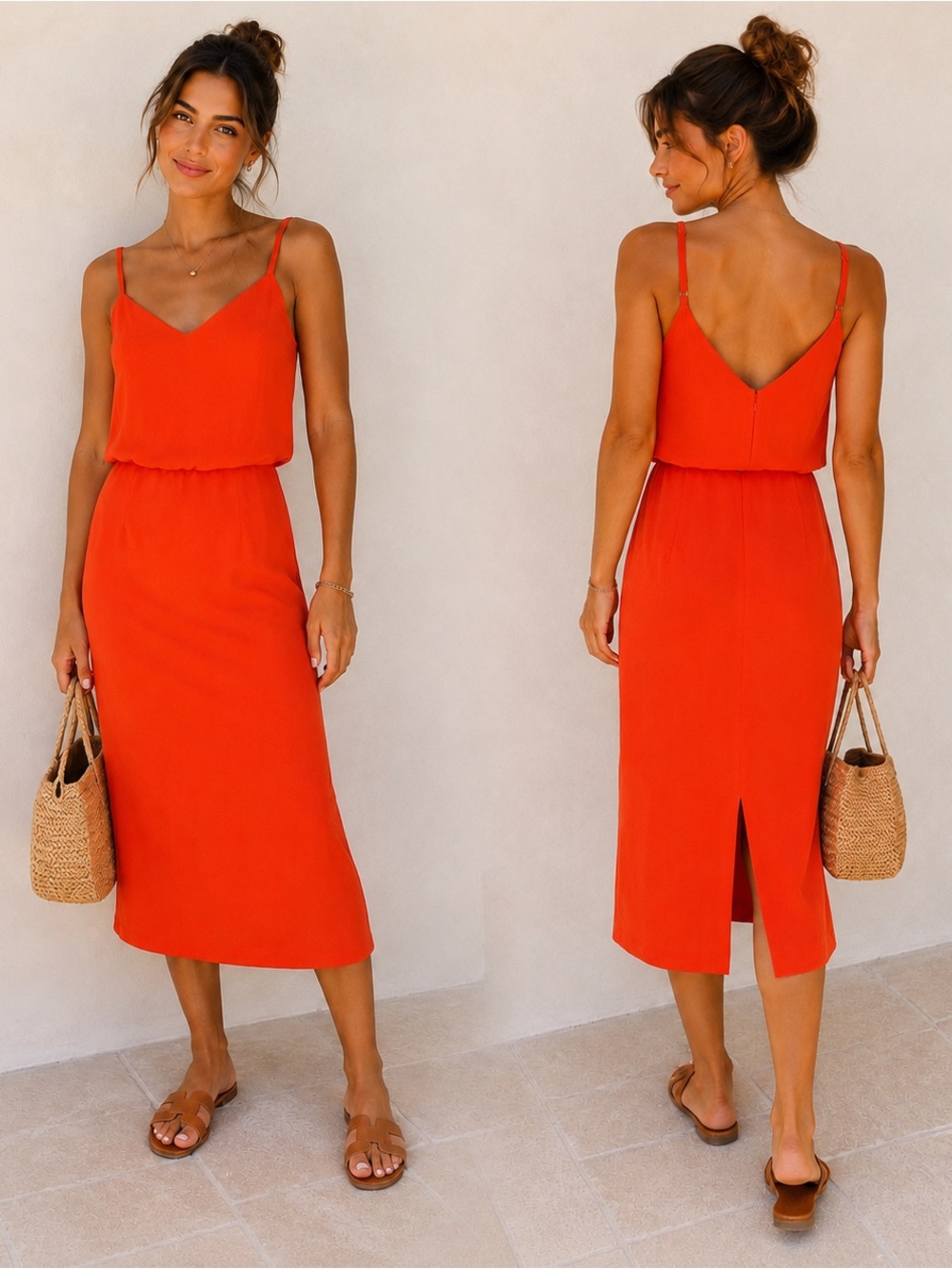 Dress the Population Burnt Orange Midi Dress V Neck Blouson Resort Cocktail Sz S